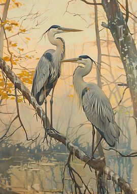 Two Herons on a Branch Painting