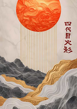 Abstract Asian Landscape with Sun