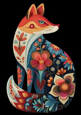 Floral Fox Illustration on Black Background