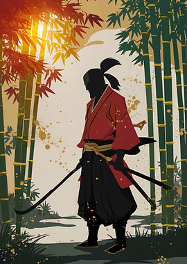 Samurai in Bamboo Forest Illustration