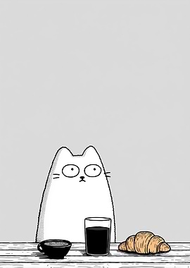 Cartoon Cat with Coffee and Croissant
