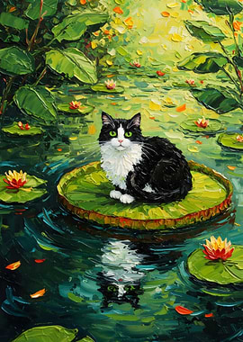 Cat on Lily Pad Painting