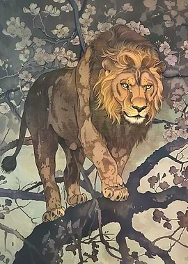 Lion in Tree with Blossoms