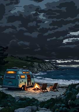 Beach Camping with Van and Fire