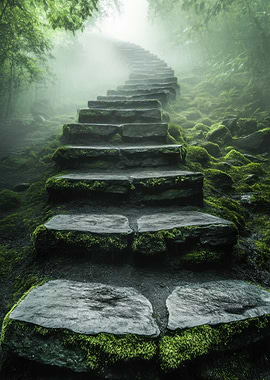 Mossy Stone Steps in Foggy Forest