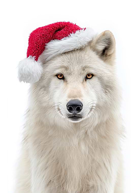 Arctic Wolf wearing a Santa hat