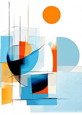 Abstract Geometric Composition with Orange Sun