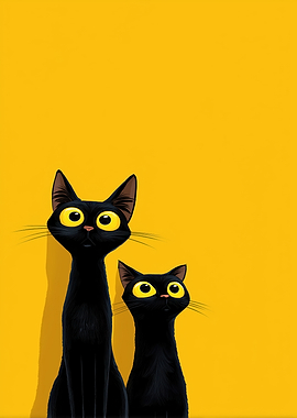Two Black Cats on Yellow Background