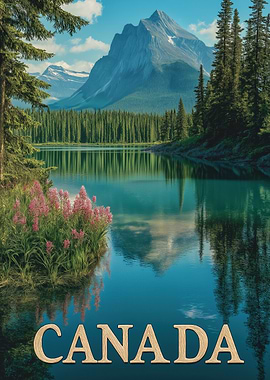 Canada Wilderness - Majestic Mountains and Mirror Lake Travel Poster