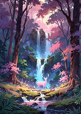 Pink Deer Waterfall Forest