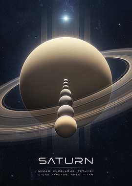 Planet Saturn and its moons