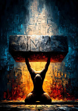 The Weight of the Name – Kneeling Figure Under Sacred Stone