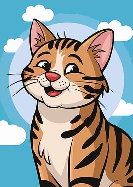 Cartoon Cat with Stripes and Clouds
