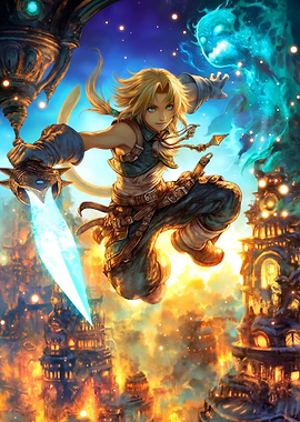 Fantasy Warrior Mid-Air with Sword