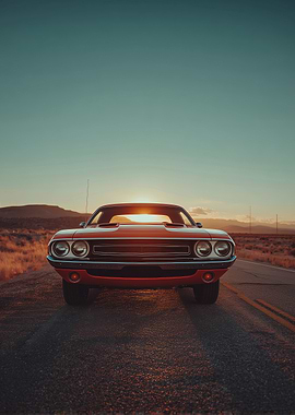 Red Classic Car at Sunset