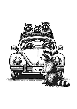 Retro Raccoons in a Car
