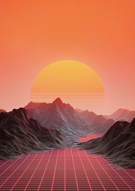 Retro Synthwave Landscape with Grid