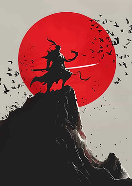 Samurai Silhouette with Red Sun