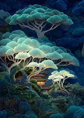 Asian Landscape with Pagoda and Trees