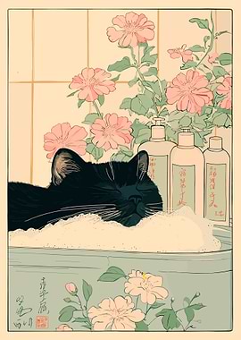 Black Cat Bathing with Flowers