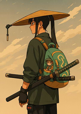 Samurai with Backpack and Katanas