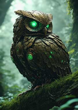 Steampunk Owl with Glowing Green Eyes