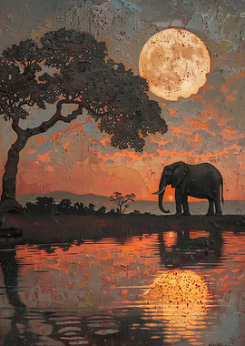 Elephant at Sunset Painting