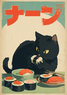 Black Cat Eating Sushi Poster