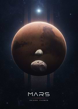 Planet Mars with Deimos and Phobos
