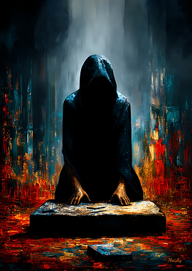 The Oath Beneath the Veil β The Kneeling Figure Before the Stone