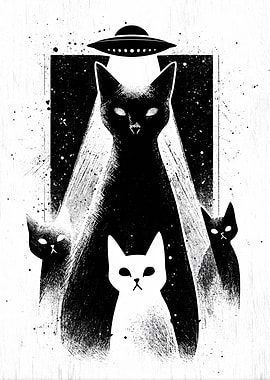 Alien Cats Abduction Black and White