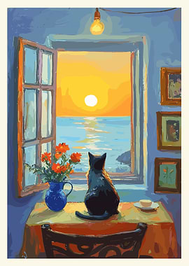 Cat gazing at sunset by the sea