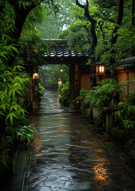 Rainy Japanese Garden Path