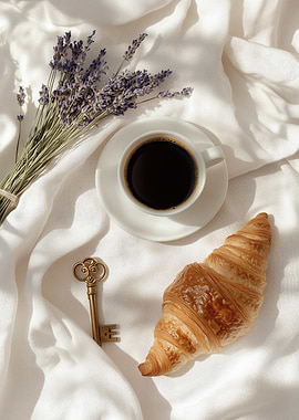 Elegant French Croissant, Black Coffee, and Lavender