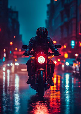 Motorcycle Rider in Rainy Berlin Cityscape