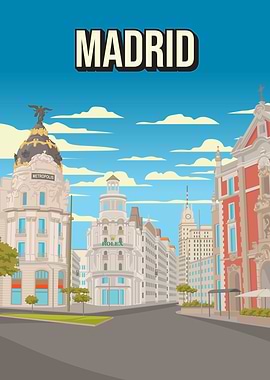 Madrid City Streetscape Art Print Iconic Spain Urban Travel Poster