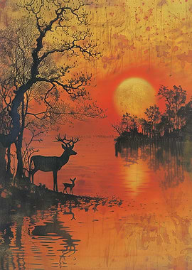 Deer and Fawn by Lake at Sunset