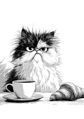 Grumpy Cat with Coffee and Croissant
