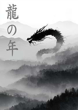 Dragon over misty mountains