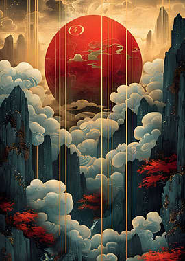 Asian Landscape with Red Sun and Clouds