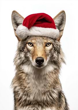 Coyote wearing a Santa hat