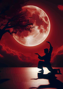 Martial Arts Silhouette Under Red Moon