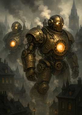 Steampunk Robots Over Cityscape