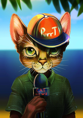 Cat News Reporter on Tropical Beach