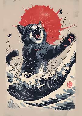 Cat Surfing Wave with Rising Sun