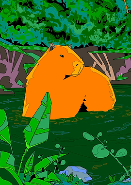 Capybara in Water with Jungle