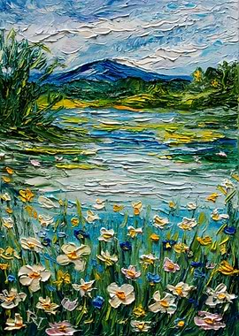 Impasto Landscape with Flowers and Mountain