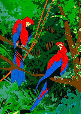 Scarlet Macaws in Lush Jungle