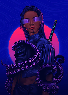Cyberpunk Girl with Octopus and Katana