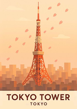 Tokyo Tower Illustration with Cherry Blossoms